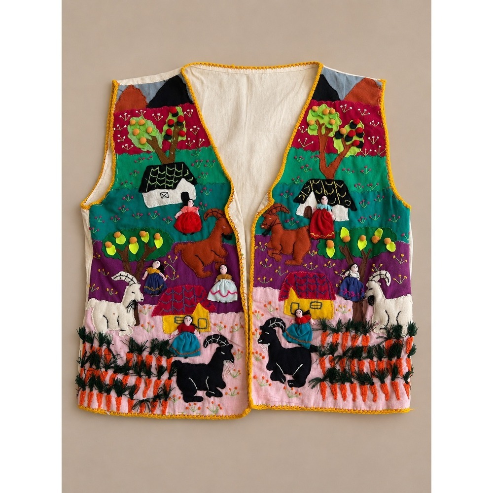 Vintage Peruvian Folk Art Applique Vest Village Scene Embroidery Multi Color
